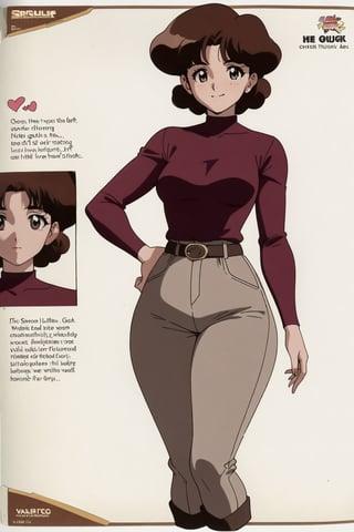 24 year old Milf Female, red long sleeves turtleneck shirt,tight brown trousers, grey boots, short neck curvy bang brown hair, brown eyes, curvy wide hips, Thicc Juicy Big Butt, 40 inches butt, character_sheet, looking-at-viewer, masterpiece, best quality, detailed face, HD detailed, high_resolution, Shinji_Nishikawa_Artstyle, Shoujo_Anime,90s Aesthetic,1girl, breasts, looking at viewer, smile, short hair, brown hair, shirt, brown eyes, medium breasts, full body, ass, heart, boots, belt, looking back, pants, sweater, english text, sketch, hand on hip, multiple views, mask, turtleneck, traditional media, red shirt, curly hair, mouth mask, retro artstyle, reference sheet, 1980s \(style\), 