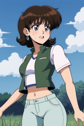 1girl, solo, breasts, bangs, brown hair, shirt, navel, brown eyes, jewelry, white shirt, short sleeves, earrings, outdoors, sky, midriff, pants, cloud, medium hair, water, vest, looking down, cloudy sky, grass, clenched teeth, brown vest, masterpiece, best quality, detailed face, HD detailed, high_resolution, Shinji_Nishikawa_Artstyle, Shoujo_Anime,90s Aesthetic,retro artstyle
