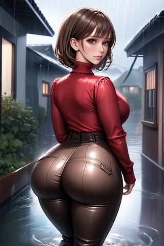 jennifer love hewitt, red long sleeves turtleneck shirt, brown jeans, curly short bob curvy bang brown hair, brown eyes, thicc big butt, curvy wide hips, Bootylicious, soakingwetclothes, hair soaking wet, walking, back_view, looking_at_the_viewer, costal rico town,rain, weather storm, masterpiece, best quality, detailed face, detailed, highres, cinematic moviemaker style,

,801TTS