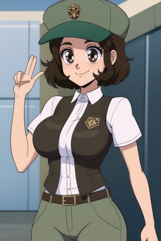 1girl, solo, breasts, smile, short hair, large breasts, brown hair, shirt, hat, brown eyes, short sleeves, belt, pants, uniform, vest