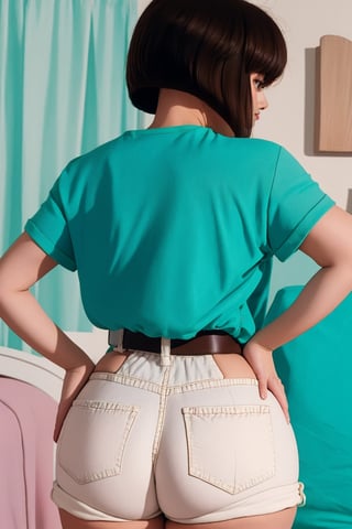 TendouNabiki, Aqua_shirt_Pink_undershirt_Short_shorts, curly short bob curvy bang brown hair, brown eyes, curvy wide hips, thicc juicy butt, Bootylicious, hands on hips, back_view looking-at-viewer, bedroom, masterpiece, best quality, detailed face, detailed, highres, cinematic moviemaker style,