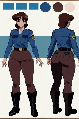 42 year old Mature Milf Female, blue long sleeves police uniform,tight brown trousers, black boots, short neck curvy bang brown hair, brown eyes, curvy wide hips, Thicc Juicy Big Butt, 40 inches butt, character_sheet, looking-at-viewer, masterpiece, best quality, detailed face, HD detailed, high_resolution, Shinji_Nishikawa_Artstyle, Shoujo_Anime,90s Aesthetic, reference sheet, 1980s \(style\),