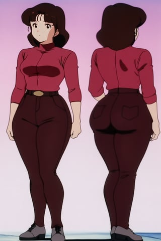 24 year old Milf Female, red long sleeves turtleneck shirt,tight brown trousers, grey boots, short neck curvy bang fluffy brown hair, brown eyes, curvy wide hips, Thicc Juicy Big Butt, 40 inches butt, character_sheet, looking-at-viewer, masterpiece, best quality, detailed face, HD detailed, high_resolution, Shinji_Nishikawa_Artstyle, Shoujo_Anime,90s Aesthetic,retro artstyle, full_body