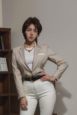 brown business suit, grey white pants, black tie, black belt with gold ring in the middle, neckleight brown hair, blue eyes, thicc big hips, curvy_hips, both hands over hips, office, masterpiece, best quality, detailed face, detailed eyes, highres,

