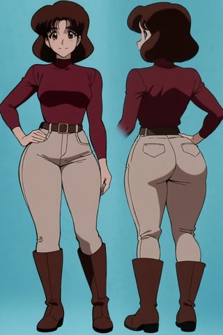 24 year old Milf Female, red long sleeves turtleneck shirt,tight brown trousers, grey boots, short neck curvy bang brown hair, brown eyes, curvy wide hips, Thicc Juicy Big Butt, 40 inches butt, character_sheet, looking-at-viewer, masterpiece, best quality, detailed face, HD detailed, high_resolution, Shinji_Nishikawa_Artstyle, Shoujo_Anime,90s Aesthetic,1girl, breasts, looking at viewer, smile, short hair, brown hair, shirt, brown eyes, medium breasts, full body, ass, heart, boots, belt, looking back, pants, sweater, english text, sketch, hand on hip, multiple views, mask, turtleneck, traditional media, red shirt, curly hair, mouth mask, retro artstyle, reference sheet, 1980s \(style\),