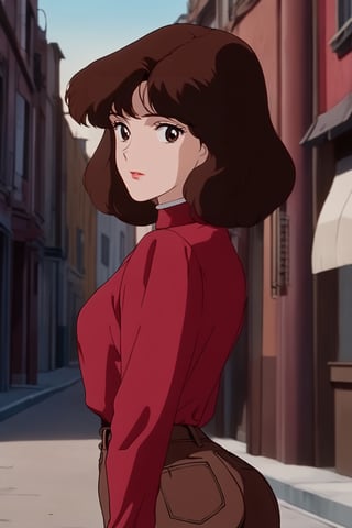 sole_female, 24 years old, ((red long sleeves turtleneck shirt)), ((brown jeans)), curly short bob curvy bang brown hair, brown eyes, curvy wide hips, Thicc Juicy Big Butt, Bootylicious, bending over in the street showing her butt, looking-at-viewer, masterpiece, best quality, detailed face, detailed, highres, cinematic moviemaker style,EPTakeuchiNaokoStyle,801TTS,anime,90s