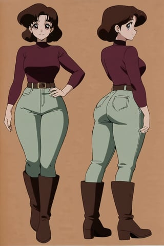 40 year old Milf Female, red long sleeves turtleneck shirt,tight brown trousers, grey boots, short neck curvy bang brown hair, brown eyes, curvy wide hips, Thicc Juicy Big Butt, 40 inches butt, character_sheet, looking-at-viewer, masterpiece, best quality, detailed face, HD detailed, high_resolution, Shinji_Nishikawa_Artstyle, Shoujo_Anime,90s Aesthetic,1girl, breasts, looking at viewer, smile, short hair, brown hair, shirt, brown eyes, medium breasts, full body, ass, heart, boots, belt, looking back, pants, sweater, english text, sketch, hand on hip, multiple views, mask, turtleneck, traditional media, red shirt, curly hair, mouth mask, retro artstyle, reference sheet, 1980s \(style\),