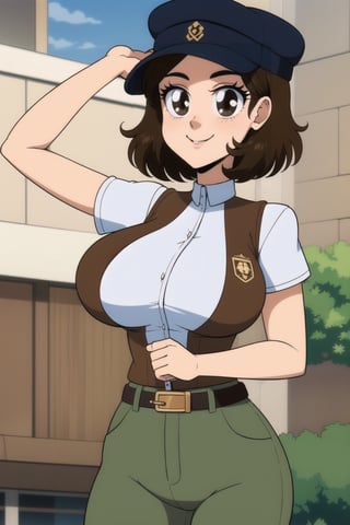 1girl, solo, breasts, smile, short hair, large breasts, brown hair, shirt, hat, brown eyes, short sleeves, belt, pants, uniform, brown vest, EPTakeuchiNaokoStyle