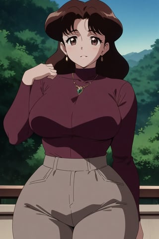A stunning masterpiece! Here's the prompt:

In a 90s-inspired Shoujo Anime setting, a ravishing 38-year-old Milf Female stands confidently, looking directly at the viewer with piercing brown eyes. She dons a sleek red long-sleeved turtleneck shirt, accentuating her curvy figure, paired with tight brown trousers and sturdy grey boots. Her luscious bangs frame her heart-shaped face, adorned with high-resolution, detailed features. The focus is on her breathtakingly curvy and wide hips, boasting an awe-inspiring 40 inches of juiciness, as if crafted by the masterful Shinji Nishikawa Artstyle. 