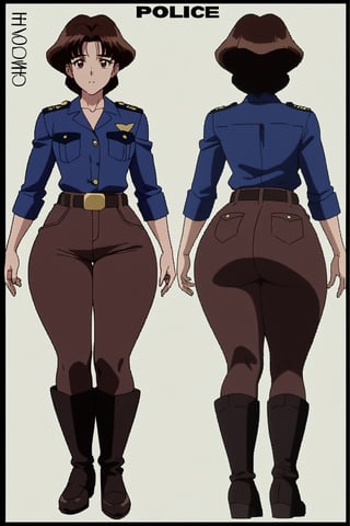42 year old Mature Milf Female, blue long sleeves police uniform,tight brown trousers, black boots, short neck curvy bang brown hair, brown eyes, curvy wide hips, Thicc Juicy Big Butt, 40 inches butt, character_sheet, looking-at-viewer, masterpiece, best quality, detailed face, HD detailed, high_resolution, Shinji_Nishikawa_Artstyle, Shoujo_Anime,90s Aesthetic, reference sheet, 1980s \(style\),