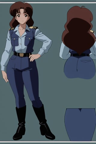 42 year old Mature Milf Female, blue long sleeves police uniform,tight dark blue trousers, black boots, short neck curvy bang brown hair, brown eyes, curvy wide hips, Thicc Juicy Big Butt, 60 inches butt size, character_sheet, looking-at-viewer, masterpiece, best quality, detailed face, HD detailed, high_resolution, Shinji_Nishikawa_Artstyle, Shoujo_Anime,90s Aesthetic, reference sheet, 1980s \(style\),
