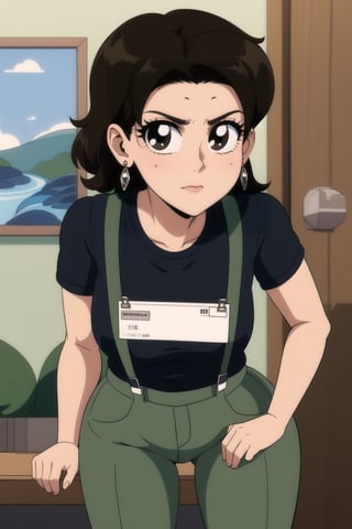 1girl, solo, looking at viewer, curvy wave brown hair, shirt, black hair, brown eyes, closed mouth, standing, short sleeves, earrings, pants, indoors, black shirt, leaning forward, suspenders, olive green pants, id card