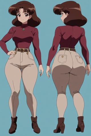 24 year old Milf Female, red long sleeves turtleneck shirt,tight brown trousers, grey boots, short neck curvy bang brown hair, brown eyes, curvy wide hips, Thicc Juicy Big Butt, 40 inches butt, character_sheet, looking-at-viewer, masterpiece, best quality, detailed face, HD detailed, high_resolution, Shinji_Nishikawa_Artstyle, Shoujo_Anime,90s Aesthetic,gunsmith,lum