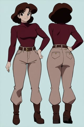 40 year old Milf Female, red long sleeves turtleneck shirt,tight brown trousers, grey boots, short neck curvy bang brown hair, brown eyes, curvy wide hips, Thicc Juicy Big Butt, 40 inches butt, character_sheet, looking-at-viewer, masterpiece, best quality, detailed face, HD detailed, high_resolution, Shinji_Nishikawa_Artstyle, Shoujo_Anime,90s Aesthetic,1girl, breasts, looking at viewer, smile, short hair, brown hair, shirt, brown eyes, medium breasts, full body, ass, heart, boots, belt, looking back, pants, sweater, english text, sketch, hand on hip, multiple views, mask, turtleneck, traditional media, red shirt, curly hair, mouth mask, retro artstyle, reference sheet, 1980s \(style\),