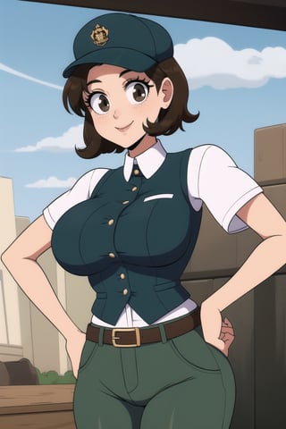 1girl, solo, breasts, smile, short hair, large breasts, brown hair, shirt, hat, brown eyes, short sleeves, belt, pants, uniform, vest