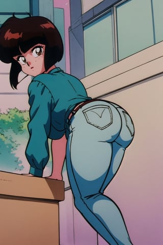 TendouNabiki, ((white red stripe shirt)), ((blue jeans)), curly short bob curvy bang brown hair, brown eyes, curvy wide hips, thicc juicy butt, Bootylicious, bending over in the street showing her butt, looking-at-viewer, masterpiece, best quality, detailed face, detailed, highres, cinematic moviemaker style,EPTakeuchiNaokoStyle