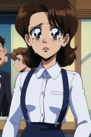 1girl, looking at viewer, curvy wave brown hair, shirt, 1girl, white shirt, upper body, parted lips, solo focus, long sleeves collared shirt, brown eyes, uniform, black suspenders, crying, masterpiece, best quality, detailed face, HD detailed, high_resolution, Shinji_Nishikawa_Artstyle, Shoujo_Anime,90s Aesthetic,retro artstyle