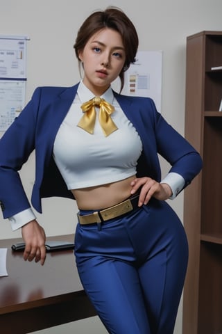 blue business suit, violet pants, white tie, red belt with gold ring in the middle, brown hair, blue eyes, thicc big hips, curvy_hips, both hands over hips, office, masterpiece, best quality, detailed face, detailed eyes, highres,

