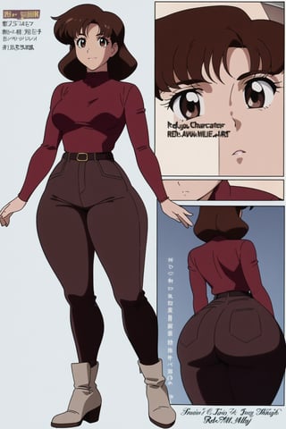 24 year old Milf Female, red long sleeves turtleneck shirt,tight brown trousers, grey boots, short neck curvy bang brown hair, brown eyes, curvy wide hips, Thicc Juicy Big Butt, 40 inches butt, character_sheet, looking-at-viewer, masterpiece, best quality, detailed face, HD detailed, high_resolution, Shinji_Nishikawa_Artstyle, Shoujo_Anime,90s Aesthetic