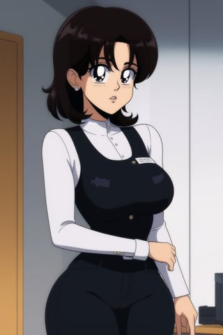 Miki Saegusa, short curly bob curvy bang brown hair, brown eyes, curvy wide hips, Bootylicious, brown vest, white shirt, black pants, black footwear boots, silver earrings, looking-at-viewer, office_room, masterpiece,  best quality,  detailed face,  detailed eyes, high_resolution