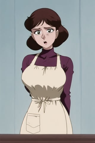 sole_female, 35 years old,((red violet long sleeves turtleneck shirt)), ((white tan apron dress)), curly bob curvy bang brown hair, brown eyes, ((breast_inflation)), large breast, curvy wide hips, Bootylicious, breasts fondling, 
looking-at-viewer, scared and afraid, masterpiece, best quality, detailed face, detailed, highres, cinematic moviemaker style, ,EPTakeuchiNaokoStyle