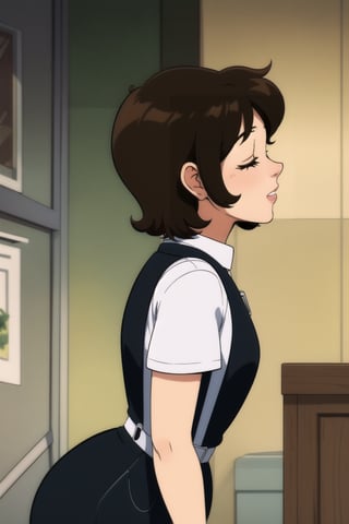 1girl, solo, short hair, curvy wave brown hair, shirt, standing, closed eyes, short sleeves, indoors, black shirt, profile, suspenders