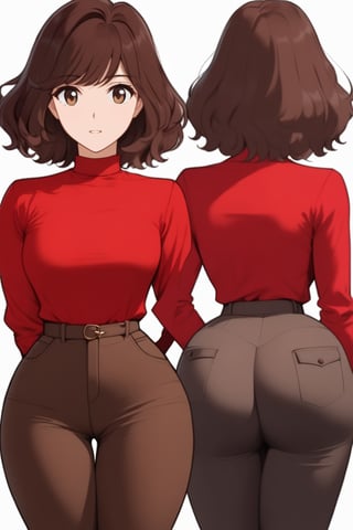 Hollie Carter, age 24 years old, red long sleeves turtleneck shirt,tight brown trousers, grey boots, shirt neck length curly bob curvy bang brown hair, brown eyes, curvy wide hips, Thicc Juicy Big Butt, 40 inches butt, Bootylicious, back_view, looking-at-viewer, character_sheet, masterpiece, best quality, detailed face, HQ detailed, highres, Shinji_Nishikawa_Artstyle, shoujo_anime 