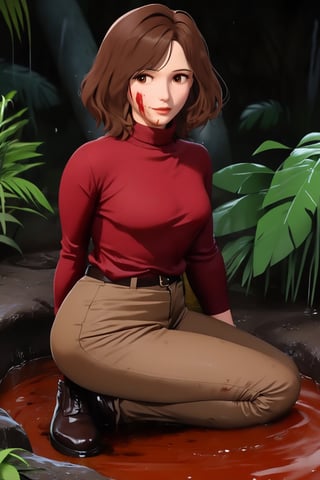 jennifer love hewitt, red long sleeves turtleneck shirt,tight brown trousers, grey boots, curly short bob curvy bang brown hair, brown eyes, curvy wide hips, Thicc Juicy Big Butt, Bootylicious, ((dirty and muddy cover with bloody meat stake chunks)), looking-at-viewer, crying_expression,sitting on the muddy ground, stormy jungle, masterpiece, best quality, detailed face, detailed, highres, cinematic moviemaker style,soakingwetclothes