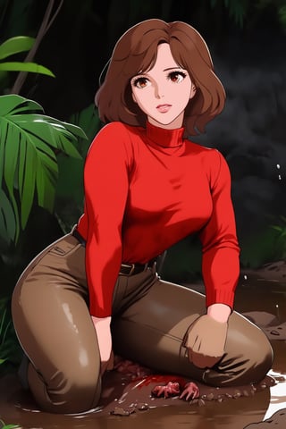 jennifer love hewitt, red long sleeves turtleneck shirt,tight brown trousers, grey boots, curly short bob curvy bang brown hair, brown eyes, curvy wide hips, Thicc Juicy Big Butt, Bootylicious, dirty and muddy, cover with bloody meat stake chunks, looking-at-viewer, fearful_expression,sitting on the muddy ground, stormy jungle, masterpiece, best quality, detailed face, detailed, highres, cinematic moviemaker style,soakingwetclothes