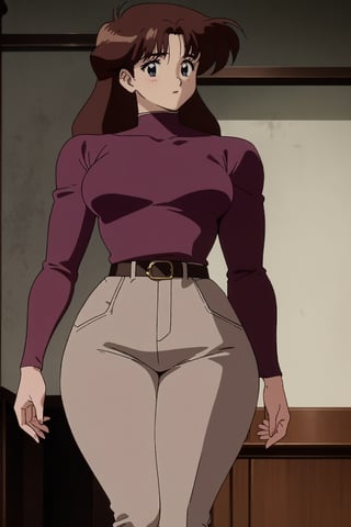 38 year old Milf Female, mature female, red long sleeves turtleneck shirt,tight brown trousers, grey boots, short neck curvy bang brown hair, brown eyes, curvy wide hips, Thicc Juicy Big Butt, 40 inches butt, character_sheet, looking-at-viewer, masterpiece, best quality, detailed face, HD detailed, high_resolution, Shinji_Nishikawa_Artstyle, Shoujo_Anime,90s Aesthetic,Shami