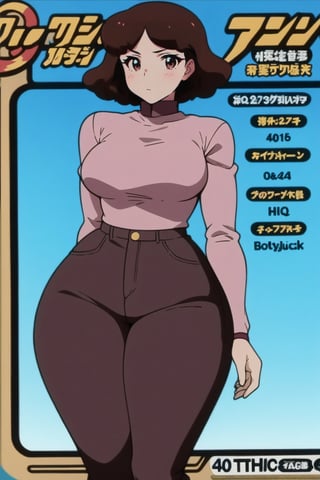 Hollie Carter, age 24 years old, red long sleeves turtleneck shirt,tight brown trousers, grey boots, shirt neck length curly bob curvy bang brown hair, brown eyes, curvy wide hips, Thicc Juicy Big Butt, 40 inches butt, Bootylicious, back_view, looking-at-viewer, character_sheet, masterpiece, best quality, detailed face, HQ detailed, highres, Shinji_Nishikawa_Artstyle, shoujo_anime 