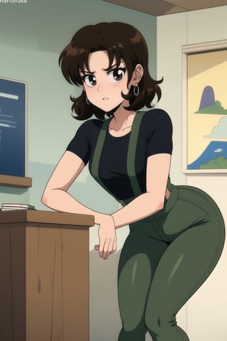 1girl, solo, looking at viewer, curvy wave brown hair, shirt, black hair, brown eyes, closed mouth, standing, short sleeves, earrings, pants, indoors, black shirt, leaning forward, suspenders, olive green pants, EPTakeuchiNaokoStyle