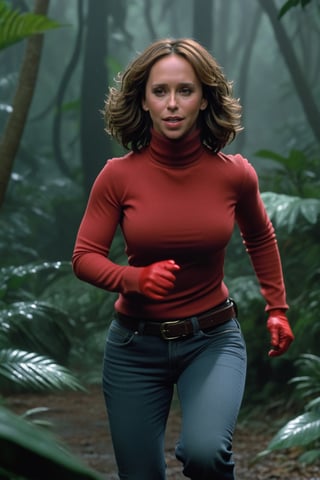 jennifer love hewitt, age 24 years old, (red long sleeves turtleneck shirt), thicc jeans, curly short bob curvy bang brown hair, brown eyes, (thicc juicy butt implants), curvy wide waist, Bootylicious, (back_view), running away from a baryonyx in the jungle, stormy raining, masterpiece, best quality, detailed face, detailed, highres, cinematic moviemaker style,((1990s style))