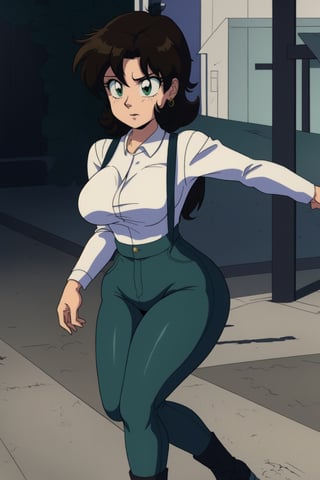 Miki Saegusa, curly short bob curvy bang brown hair, brown eyes, curvy wide hips, Bootylicious, white long sleeve shirt, dirty green suspenders pants, black footwear boots, earrings, destroyed city, masterpiece,  best quality,  detailed face,  detailed eyes, high_resolution, Anime 1990s (style)