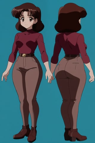 24 year old Milf Female, red long sleeves turtleneck shirt,tight brown trousers, grey boots, short neck curvy bang brown hair, brown eyes, curvy wide hips, Thicc Juicy Big Butt, 40 inches butt, character_sheet, looking-at-viewer, masterpiece, best quality, detailed face, HD detailed, high_resolution, Shinji_Nishikawa_Artstyle, Shoujo_Anime,90s Aesthetic, retro artstyle, reference sheet, 1980s \(style\),