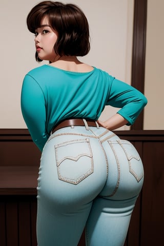 TendouNabiki, Aqua_shirt_Pink_undershirt_tight_jeans, curly short bob curvy bang brown hair, brown eyes, curvy wide hips, thicc juicy butt, Bootylicious, hands on hips, back_view looking-at-viewer, bedroom, masterpiece, best quality, detailed face, detailed, highres, cinematic moviemaker style,