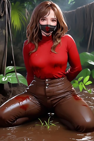 jennifer love hewitt, red long sleeves turtleneck shirt,tight brown trousers, grey boots, curly short bob curvy bang brown hair, brown eyes, curvy wide hips, Thicc Juicy Big Butt, Bootylicious, dirty and muddy, ((wet hair and body cover with bloody meat stake chunks)),(mouth_black_tape_gagged), (hand_tied_behind_back), bondage, looking-at-viewer, fearful_expression,sitting on the muddy ground, stormy jungle, masterpiece, best quality, detailed face, detailed, highres, cinematic moviemaker style,soakingwetclothes