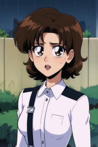 1girl, looking at viewer, curvy wave brown hair, shirt, 1girl, white shirt, upper body, parted lips, solo focus, long sleeves collared shirt, brown eyes, uniform, black suspenders, wet_clothes, wet hair, raining outside, masterpiece, best quality, detailed face, HD detailed, high_resolution, Shinji_Nishikawa_Artstyle, Shoujo_Anime,90s Aesthetic,retro artstyle