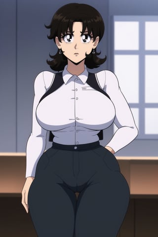 Miki Saegusa, short curly bob curvy bang brown hair, brown eyes, curvy wide hips, Bootylicious, (brown_vest), white_shirt, brown_grey_long_pants, black footwear boots, silver earrings, looking-at-viewer, office_room, masterpiece,  best quality,  detailed face,  detailed eyes, high_resolution,