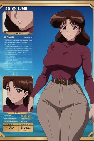 40 year old Milf Female, red long sleeves turtleneck shirt,tight brown trousers, grey boots, short neck curvy bang brown hair, brown eyes, curvy wide hips, Thicc Juicy Big Butt, 40 inches butt, character_sheet, looking-at-viewer, masterpiece, best quality, detailed face, HD detailed, high_resolution, Shinji_Nishikawa_Artstyle, Shoujo_Anime,90s Aesthetic,gunsmith,lum