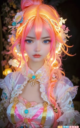 anime_artwork, rococo, grand_photograph, annoyed_girl, neon_glowing_hair, canon_5d_mark_4, neon_light, kodak_ektar, flamboyant, pastel_colors, curved_lines, elaborate_detail, rococo, art by j.c. leyendecker,more detail XL,Kesariya background 