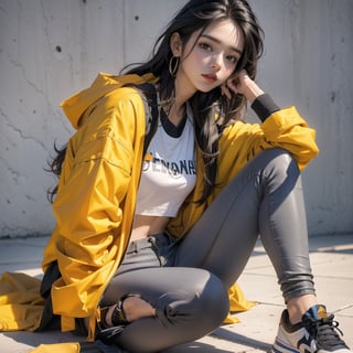 Best quality, masterpiece, ultra high res, (photorealistic:1.4), raw photo, Indian girl 18 year old,  sleek pixie long hair style, wearing oversize saffron jacket bomber m1, leggings  bluejeans, black sneaker, solid grey ice background,