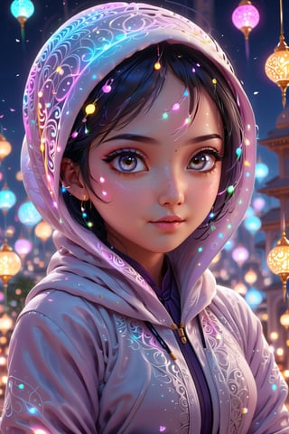 3D, cute girl, hijab, sharp focus, Character faces by NeoArtCorE Thongmai, higher realistic, 8k, cute, full body, glowing lights intricate, praying, elegant, highly detailed, digital art, concept art, smooth, illustration, squinting eyes, background ramadan,wearing bindi., celebrating holi with her boyfriend 