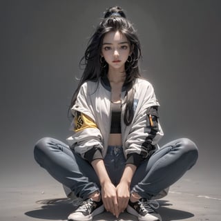 Best quality, masterpiece, ultra high res, (photorealistic:1.4), raw photo, Indian girl 18 year old,  sleek pixie long hair style, wearing oversize saffron jacket bomber m1, leggings  bluejeans, black sneaker, solid grey ice background,