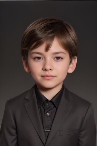 a 7 years old guy in suit confident look passport size photo professional headshot,Extremely Realistic,16k ice age background ,