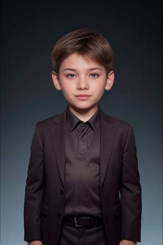 a 7 years old guy in suit confident look passport size photo professional headshot,Extremely ultra HD and extremely Realistic,16k ice age background ,