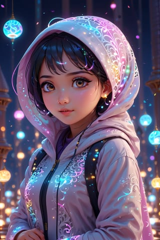 3D, cute girl, hijab, sharp focus, Character faces by NeoArtCorE Thongmai, higher realistic, 8k, cute, full body, glowing lights intricate, praying, elegant, highly detailed, digital art, concept art, smooth, illustration, squinting eyes, background ramadan,, celebrating holi with her boyfriend 