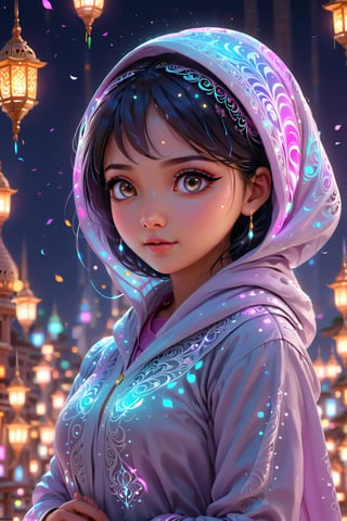 3D, cute girl, hijab, sharp focus, Character faces by NeoArtCorE Thongmai, higher realistic, 8k, cute, full body, glowing lights intricate, praying, elegant, highly detailed, digital art, concept art, smooth, illustration, squinting eyes, background ramadan,wearing bindi., celebrating holi with her boyfriend in India 