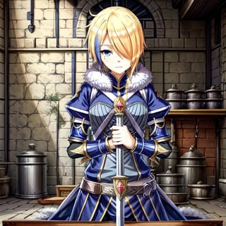 blonde hair, 1girl, blue hair, hair over one eye, multicolored hair, solo, blue eyes, armor, short hair, mole, mole under eye, fur trim, claire-liver020, blue armor, boots, war, fire, Angel, sword, swordup