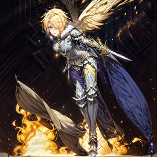 blonde hair, 1girl, blue hair, hair over one eye, multicolored hair, solo, blue eyes, armor, short hair, mole, mole under eye, fur trim, claire-liver020, blue armor, boots, war, fire, Angel, sword